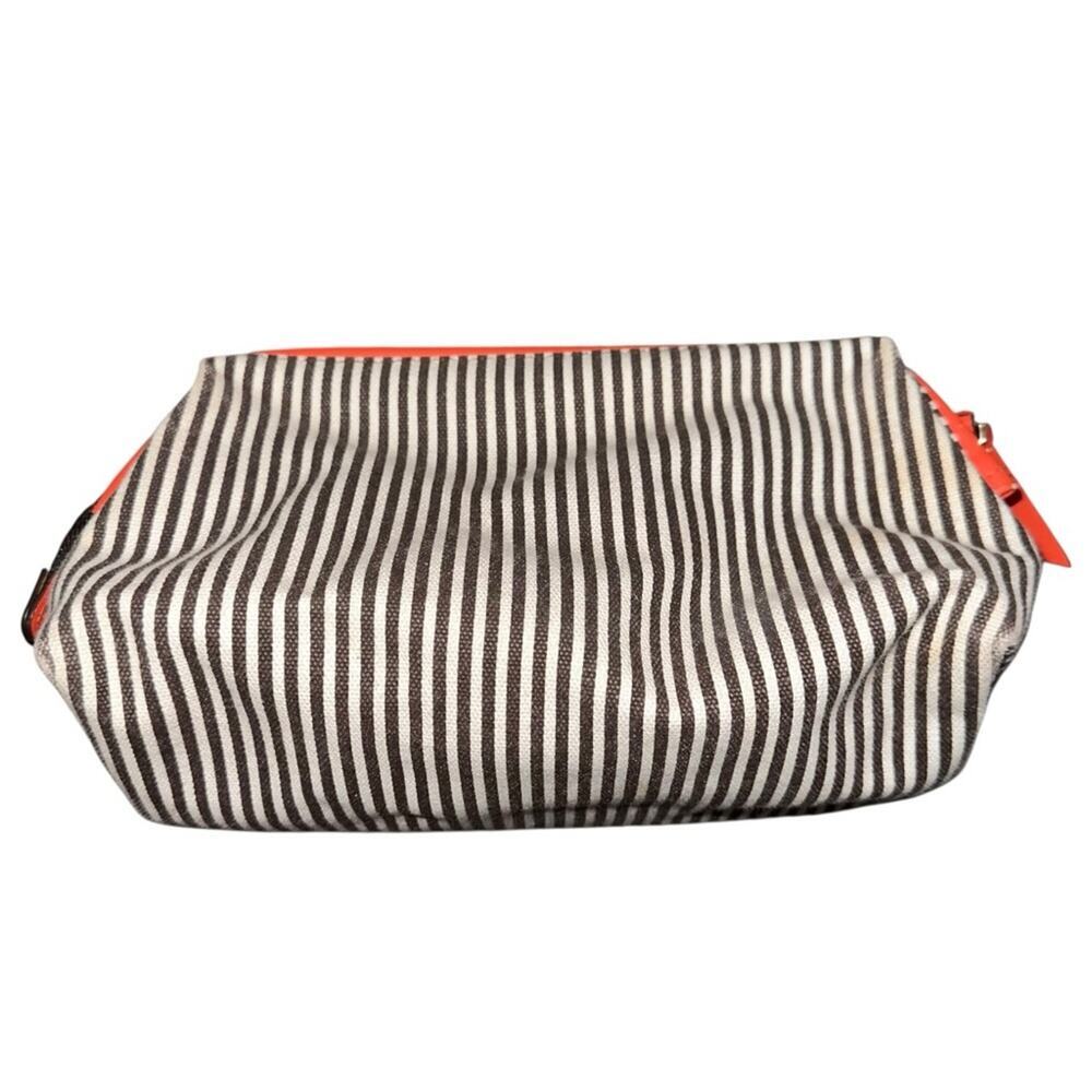 Henri Bendel Large Striped Canvas White Brown Orange Travel Cosmetic Bag Case - Picture 3 of 7